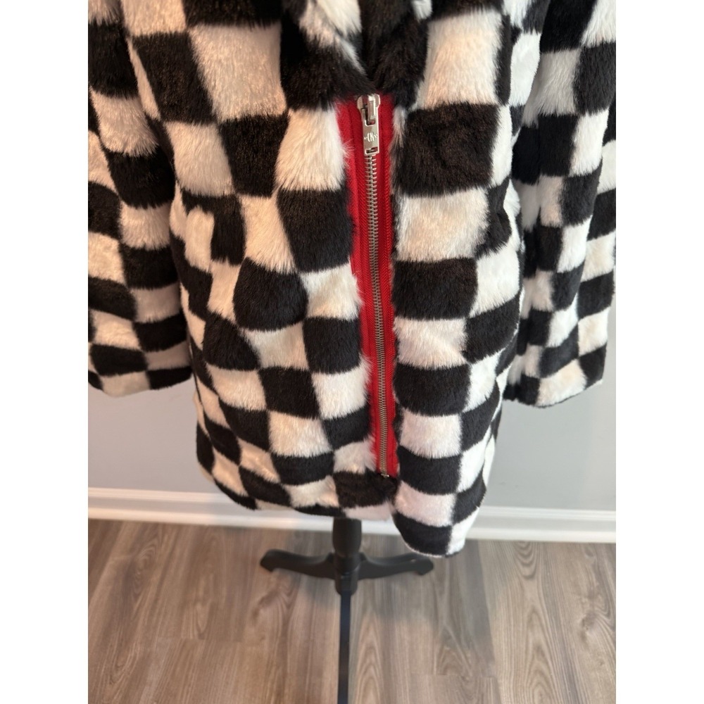 Current Mood Dolls Kill Mad Youth Checkered Faux Fur Coat Women's Size Medium
